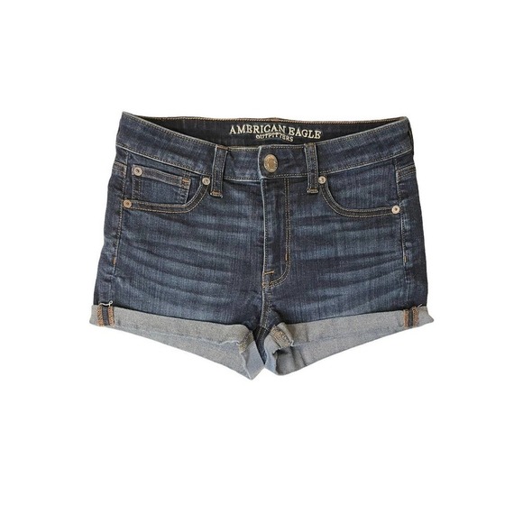 American Eagle Hi Rise Shortie Denim Shorts Dark Wash Size 2 Cuffed Stretch - Picture 1 of 7